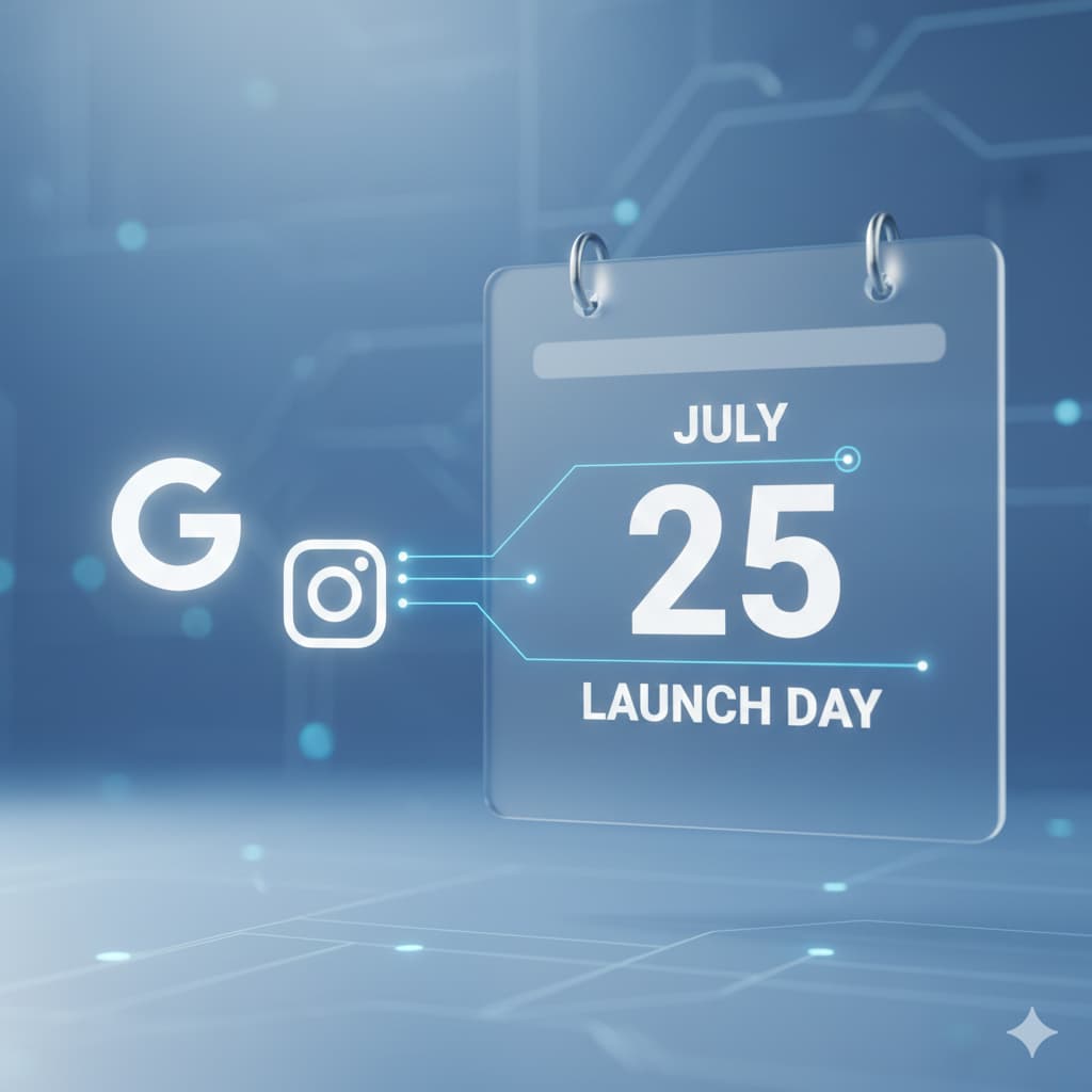 calendario minimalista destacando la fecha del lanzamiento, acompañado de iconos de google e instagram. blue room