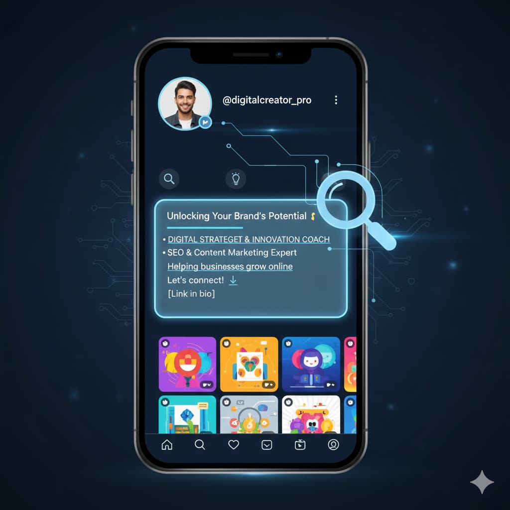 captura ficticia de un perfil optimizado, con la bio resaltada y keywords destacadas. blue room