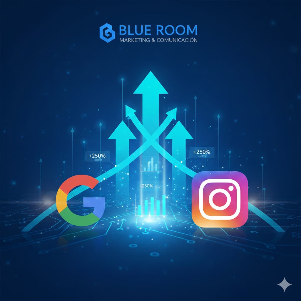 Ilustración que combine Google + Instagram con flechas ascendentes de crecimient blue room