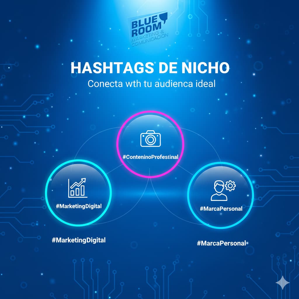 gráfico minimalista con hashtags nicho marketingdigital contenidoprofesional marcapersonal blue room.