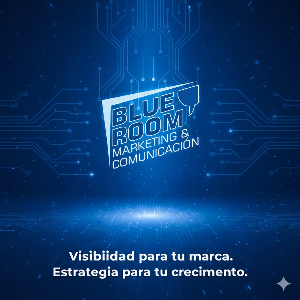 logo de blue room sobre fondo azul eléctrico con la frase visibilidad para tu marca. estrategia para tu crecimiento blue room